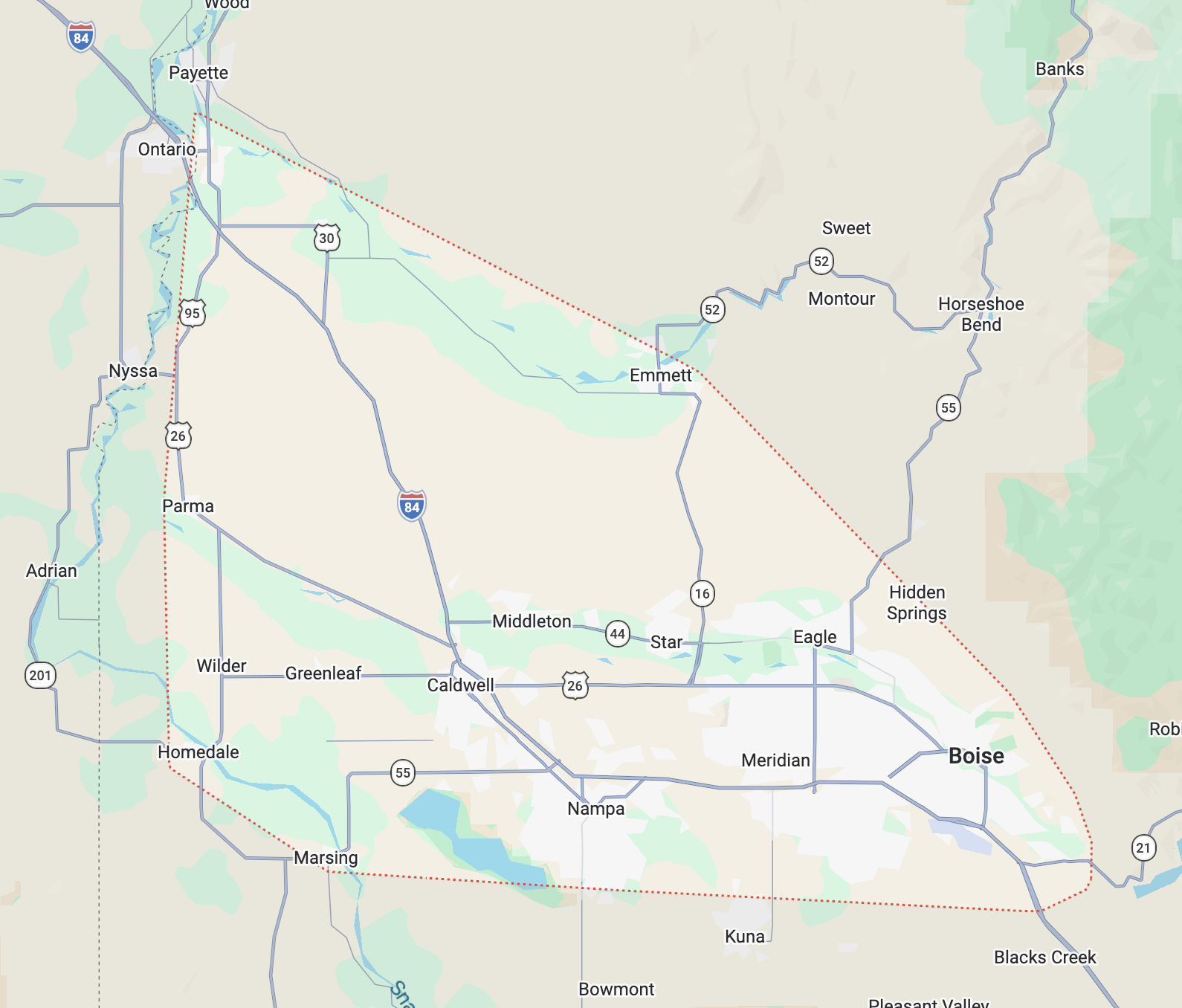 Map of The Lightsmith service area covering Caldwell, Nampa, Meridian, Boise, Eagle, Kuna, Star, Middleton, Emmett, and Fruitland in the Treasure Valley, Idaho